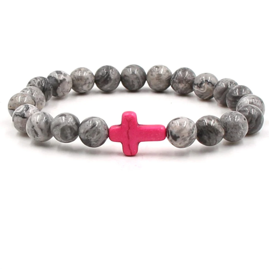 

HOBBORN Trendy Cross Charm Men Bracelet 8mm Natural Map Stone Handmade Strand Healing Reiki Christian Prayer Religions Bracelets