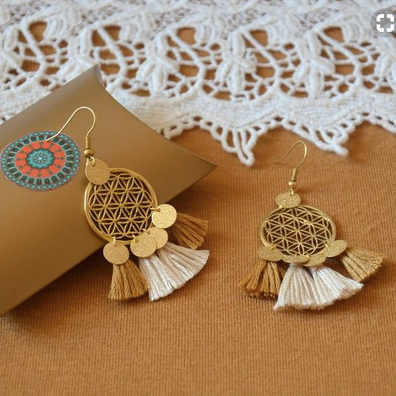 Gold color round sequins boho ethnic tassel drop earrings Women ladies fashion earring bohemia statement vintage wedding