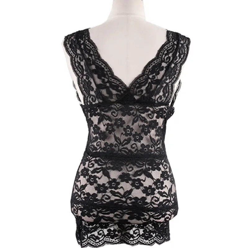Женская кружевная блузка без рукавов Элегантная черная облегающая с глубоким V