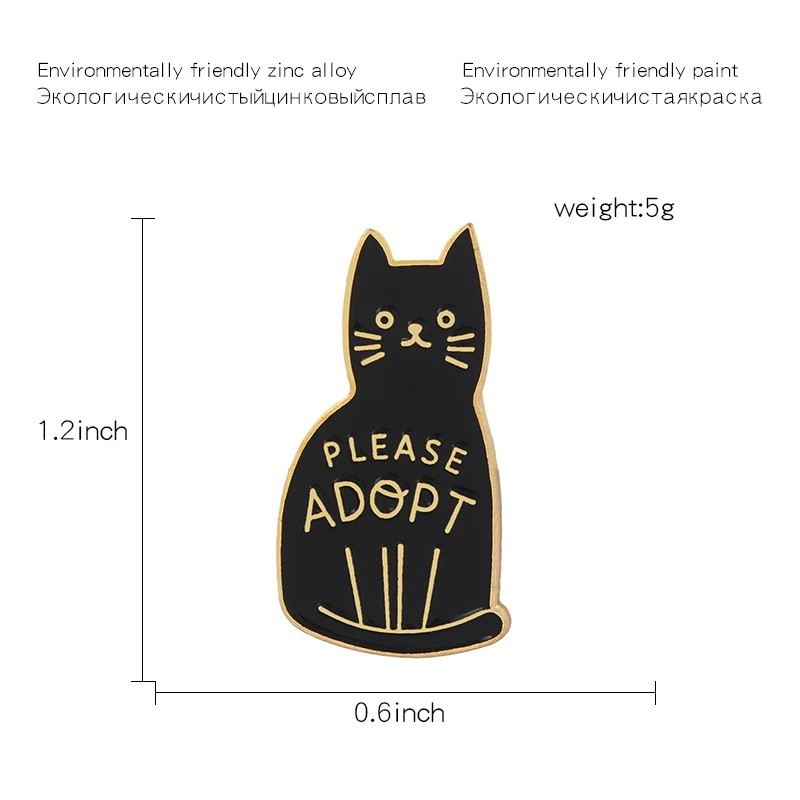 Black Cat Enamel Brooches Button Pins for clothes bag Please Adopt Badge Cartoon Animal Jewelry Gift for friends