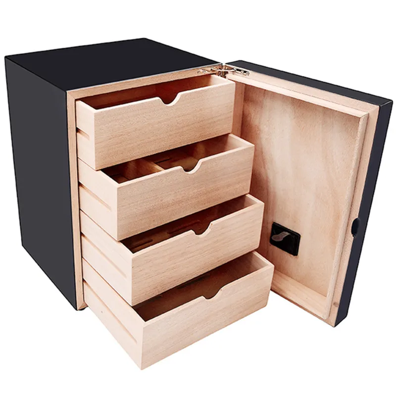 Роскошный 4 ящика высокая глянцевая отделка деревянных шкафов Humidor ящик для хранения увлажнитель с гигрометром