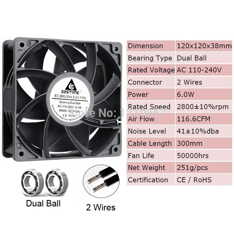 12038 ball bearing 1 шт. Gdstime AC 110 в 115 в 120 в 220 в 240 В 2Pin двойной шариковый подшипник EC Бесщеточный вентилятор охлаждения 80 мм x 25 мм 92 мм 120 мм 60 - Цвет лезвия: 12038 ball bearing