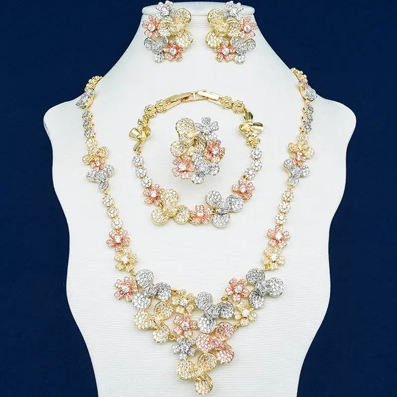 ModemAngel высокое качество нежные цветы фианиты медные 3 тона ожерелье браслет