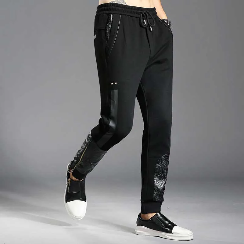 Осень лоскутное ПУ Printed Joggers Штаны нога молния Для мужчин Повседневное Slim Fit
