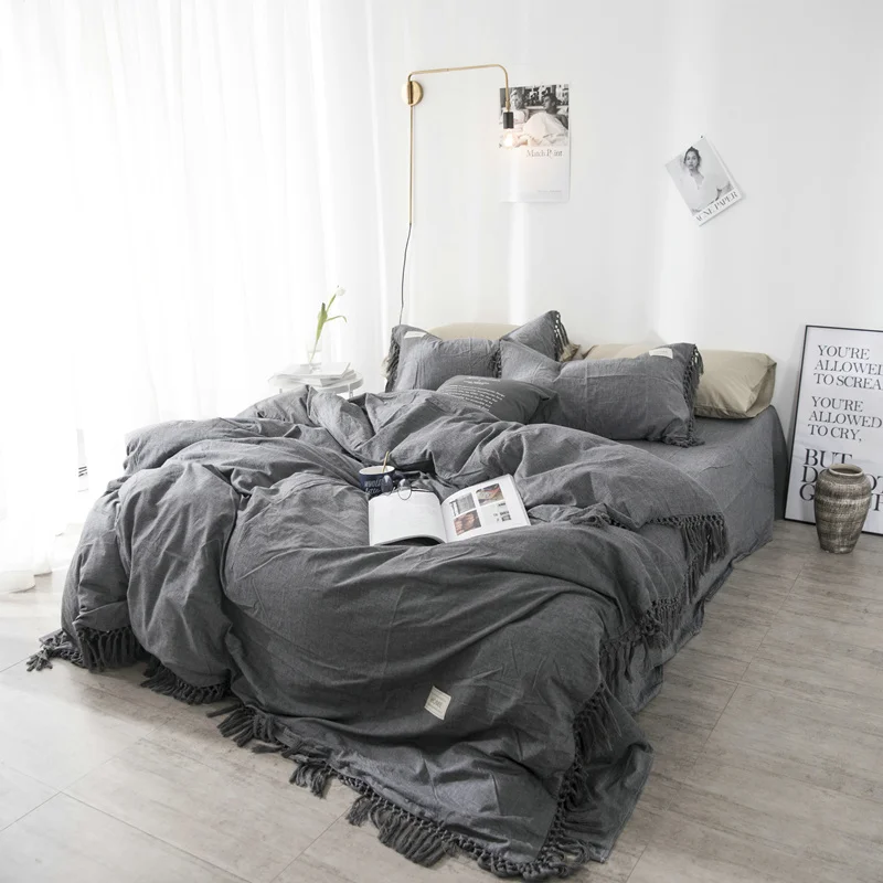 100% Washed Cotton solid color Tassels Bedding Set Soft Duvet Cover Sets Bed Sheet Pillowcases Twin Queen King size 3/4pcs | Дом и сад