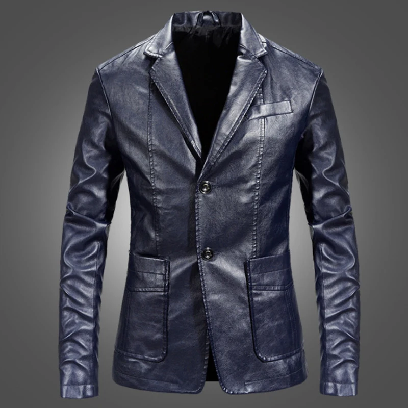 Для мужчин Блейзер и куртки Slim Fit кожаная куртка Модные Черные