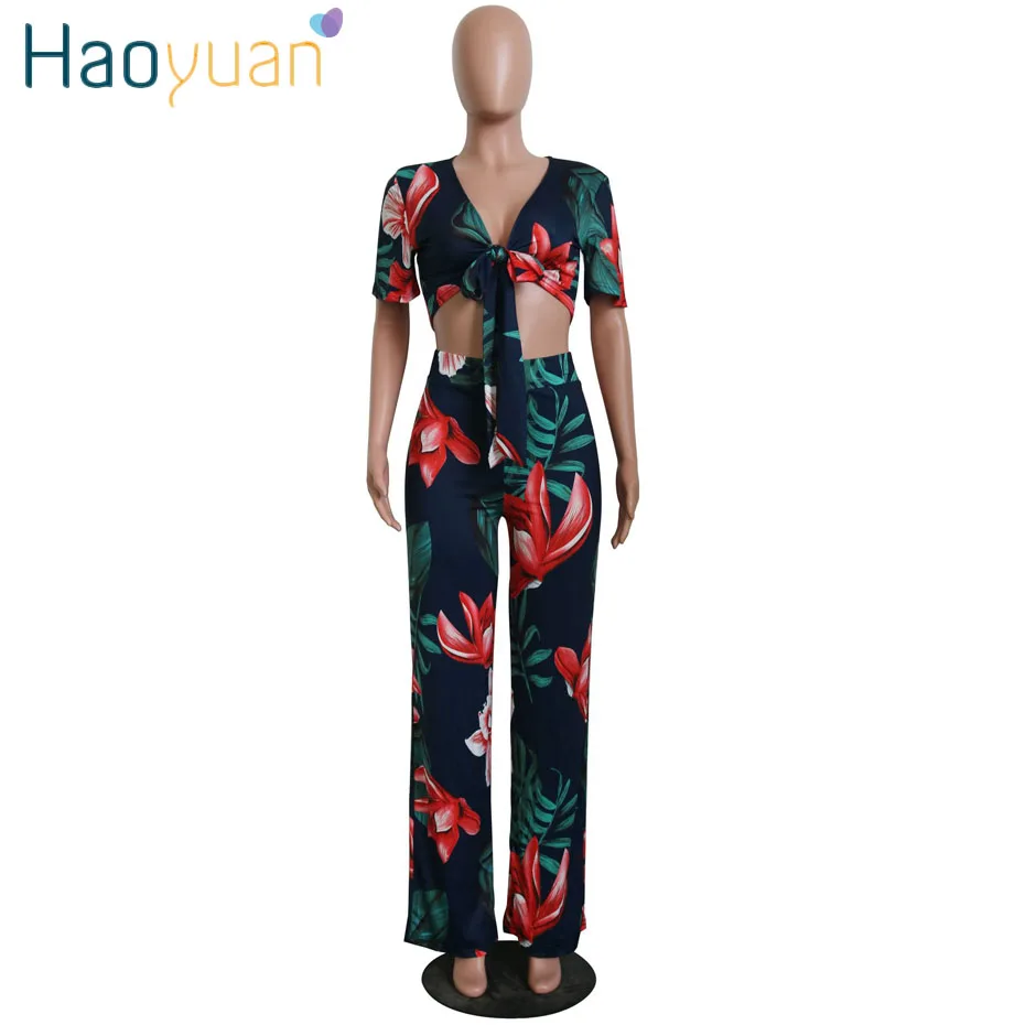 HAOYUAN, летняя одежда для женщин, комплект из 2 предметов, укороченный топ и широкие штаны размера плюс, сексуальная клубная одежда, комплект из двух предметов