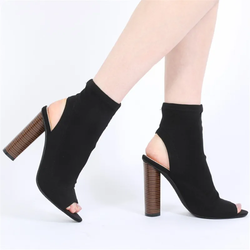 

2017 New Fashion Stretch Fabric Women's Shoes Thigh High Heels Boots Peep Toe Over The Knee Long Boots Black Chunky Casual Shoes