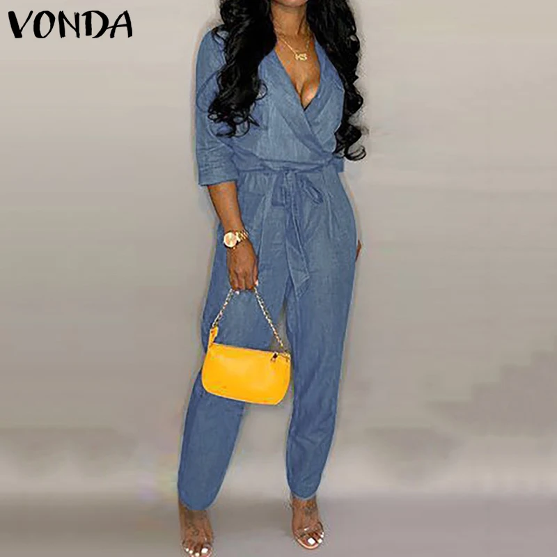 Комбинезоны размера плюс, женские джинсовые комбинезоны VONDA, летние женские ромперы-туники с коротким рукавом и поясом, Macacao Feminino