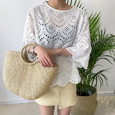 Блузка с о-вырезом и рукавами-фонариками 2 цвета свободный размер 2018 | Женская