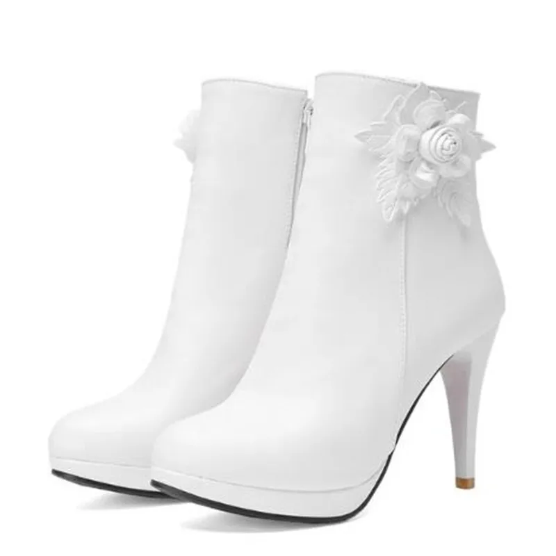 Women Boots Autumn and winter New style fashion Sweet  Flower High-heeled Short boots white Pink Apricot color Wathet size 34-43
