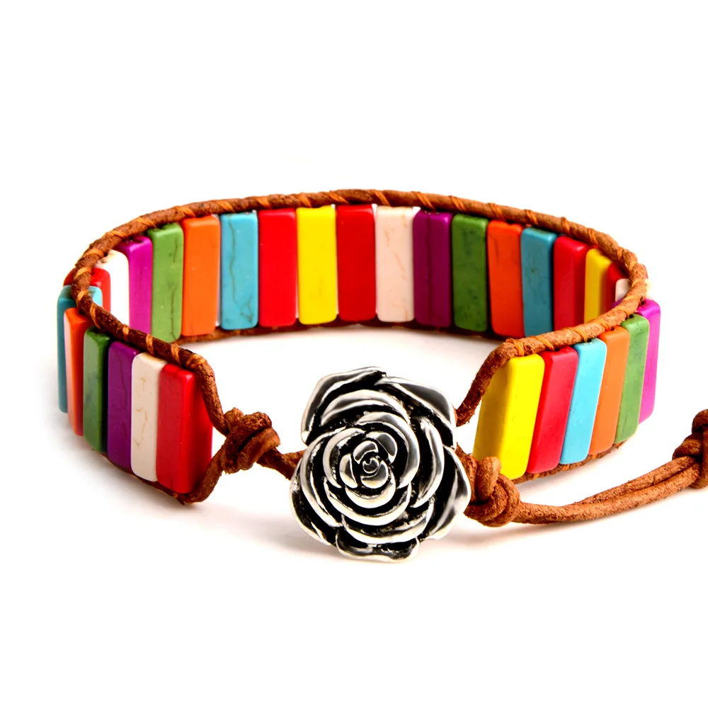 Handmade Bohemia Bracelet Stone Tube Beads Genuine Leather Yoga Strand flower For Women | Украшения и аксессуары