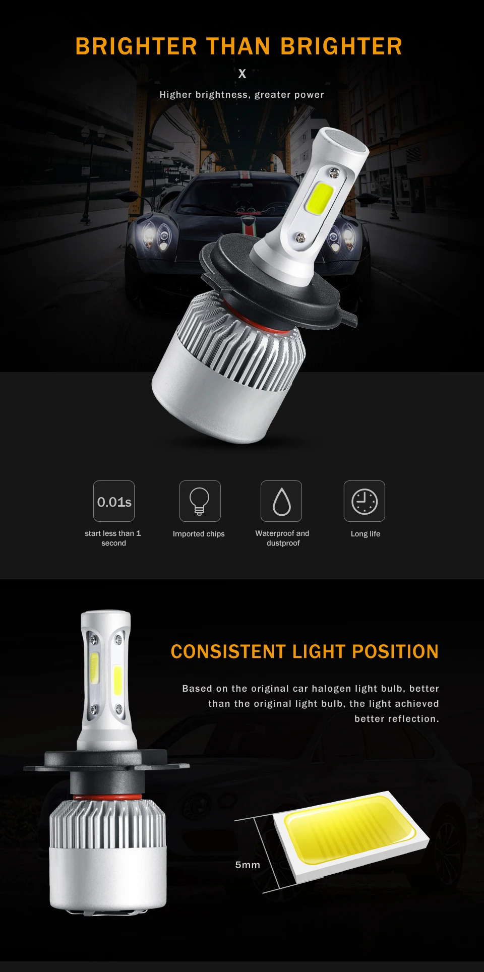 AUXMART H4 H7 светодиодные лампы для автомобильных фар Hi-Lo Луч 72 Вт 6500 к COB чипы H13 9012 9005 9006 9007 H1 H3 H11 Автомобильные светодиодные фары