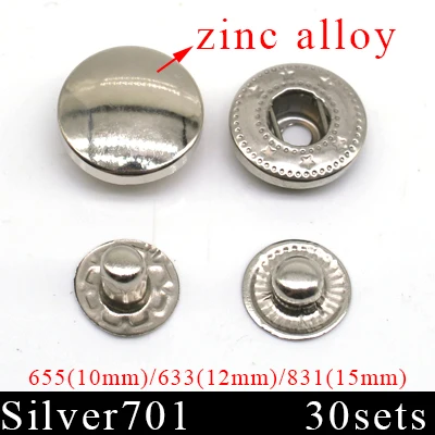 silver701 zinc alloy 30 комплектов, металлические латунные кнопки для шитья, застежки для шитья, кожа, ремесло, сумки для одежды, ручная работа, сделай сам, 831/633/655/201/203 - Цвет: silver701 zinc alloy