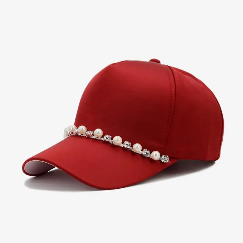 COKK Новая модная Бейсболка для женщин с жемчужинами и цепочкой Snapback Головные уборы для женщин Gorras Регулируемая Кепка женская шляпа от солнца - Цвет: Red