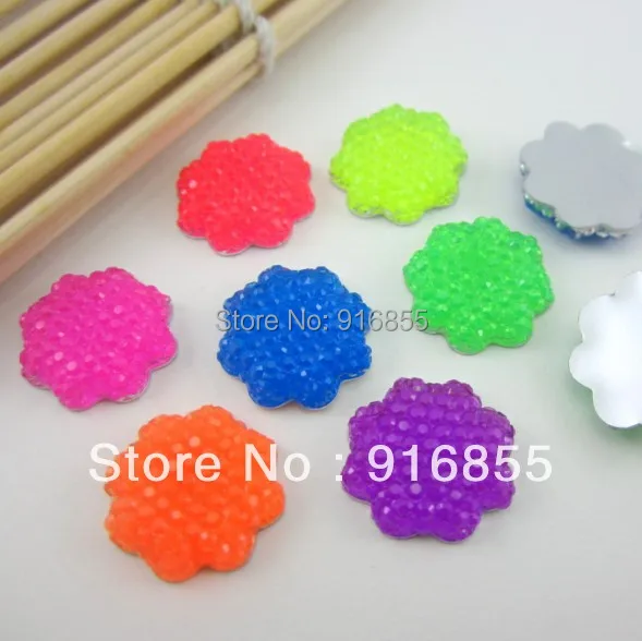 

Free shipping 24pcs 16mm Flower Shape Mixed Fluorescent Color Flatback Resin Rhinestones For Diy