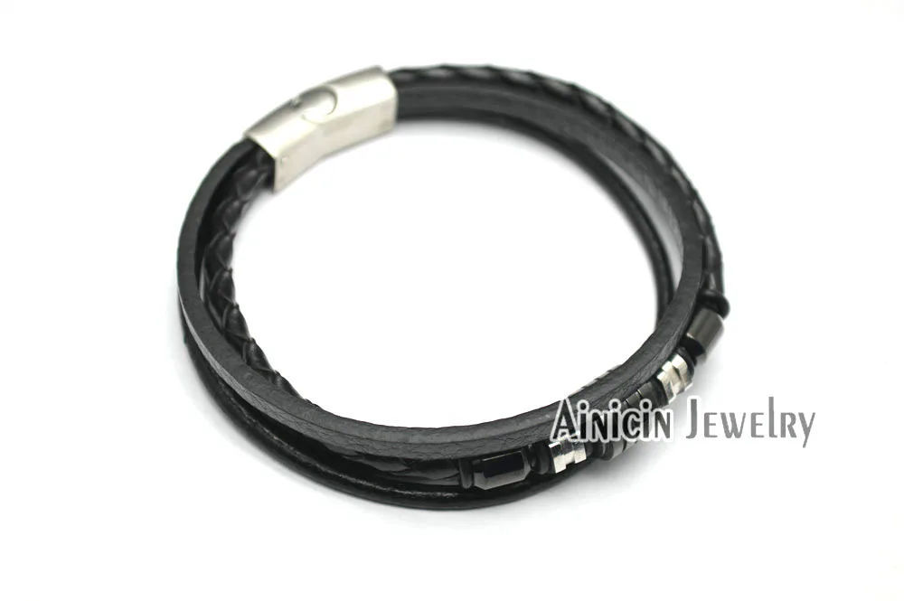 Многослойные браслеты из натуральной кожи с черным покрытием модные мужские