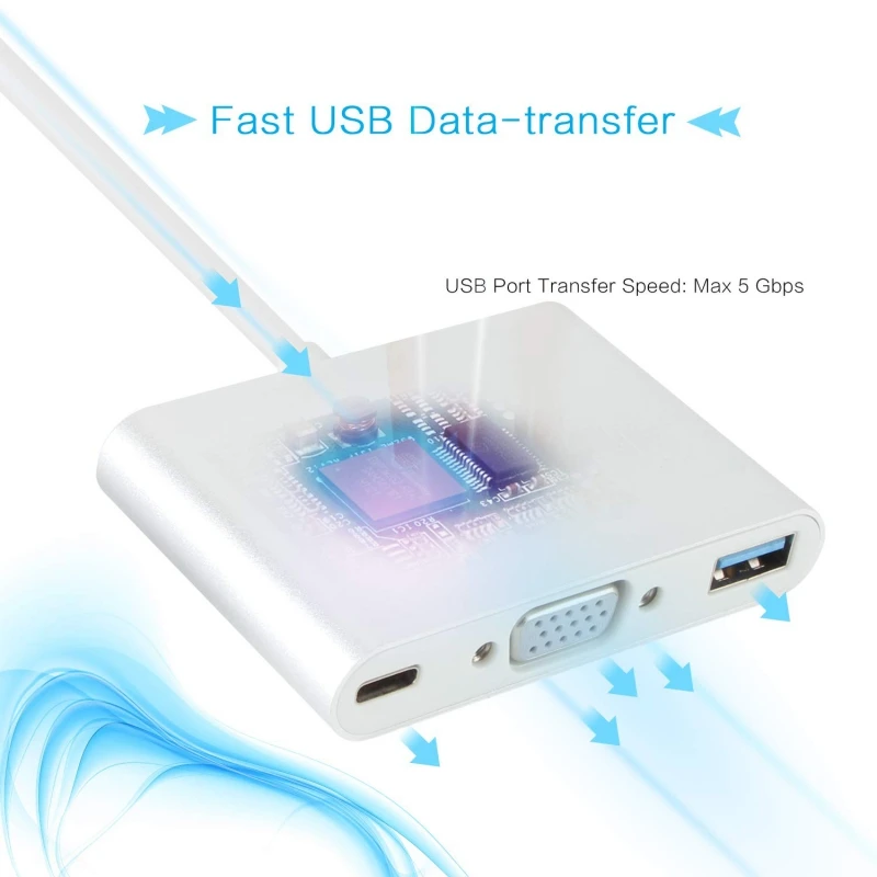 USB C к VGA адаптер 3-в-1 многопортовый тип видео конвертер кабель Женский/USB 3 0