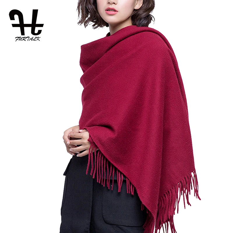Fular de lana de cordero para mujer, chales cálidos de Cachemira con borlas, hijab de lujo, Fular de invierno, 100%