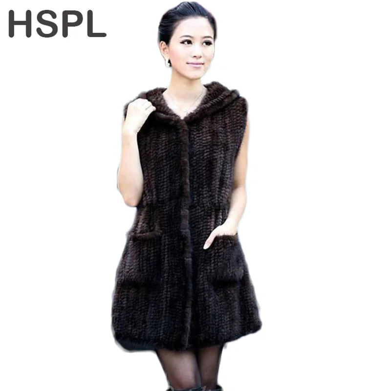 HSPL 2017 самый модный длинный стильный вязаный жилет из меха норки для женщин