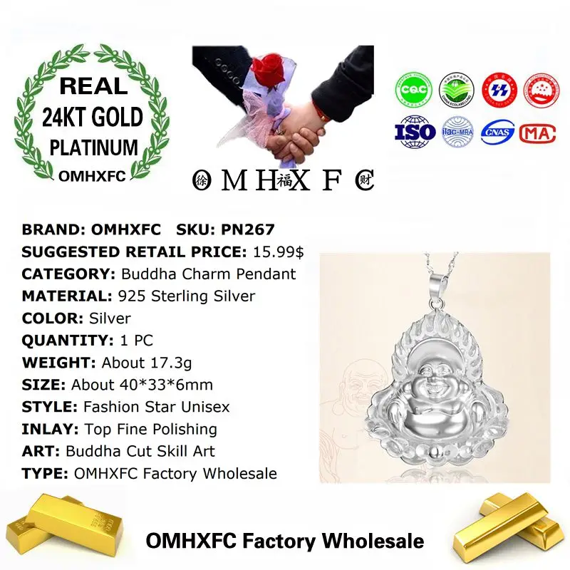 OMHXFC Wholesale European Fashion Woman Unisex Party Birthday Wedding Gift Laugh Buddha 925 Sterling Silver Charm Pendant PN267 | Украшения
