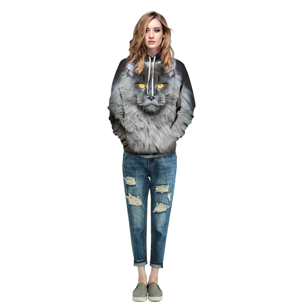 New Harajuku Sweatshirts with Hat Animals 3D Cat Printed Hoodies Casual Couple Clothes Oversized Tops | Женская одежда