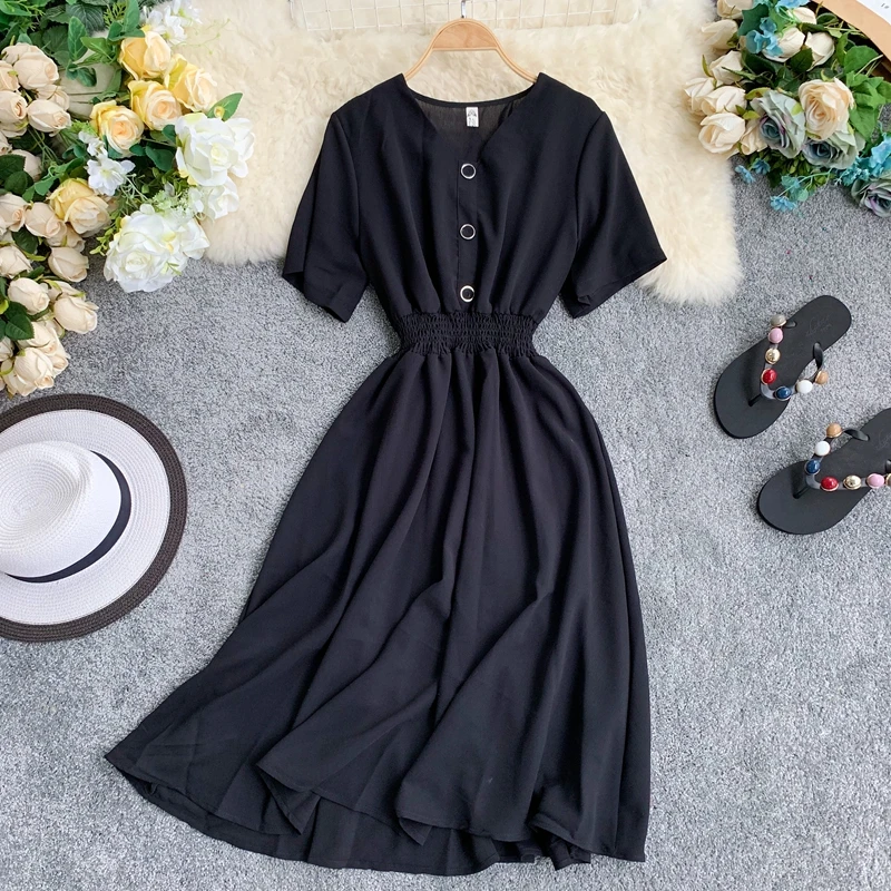 2019 Новое Женское платье в консервативном стиле с одной пуговицей v-образным
