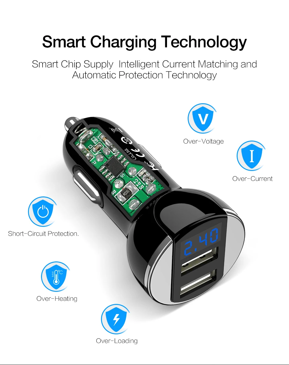 RAXFLY светодиодный дисплей Dual USB Универсальное автомобильное зарядное устройство для телефона для iPhone MAX XR XS умная цифровая Быстрая зарядка для samsung для huawei