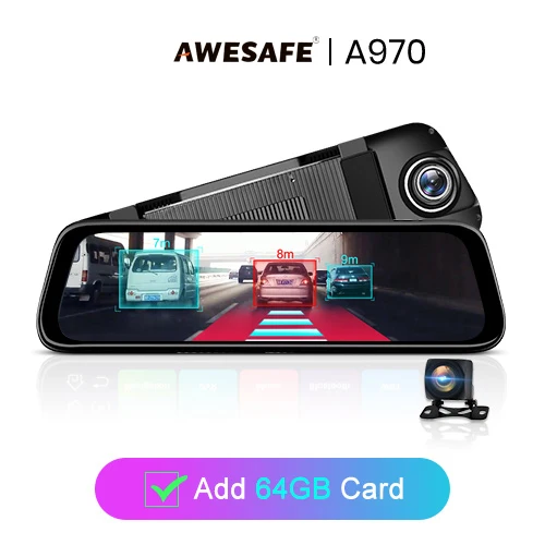 Add 64GB Card AWESAFE Автомобильный видеорегистратор gps камера-навигатор 4G ADAS 9,6" Android 8,1 поток медиа зеркало заднего вида FHD 1080P Зеркало видеорегистратор - Название цвета: Add 64GB Card