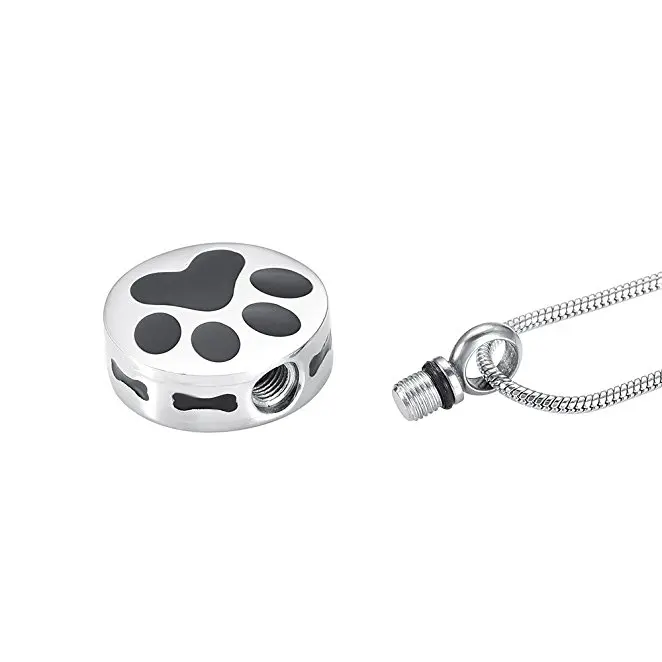 

Dog Bone and Paw Engraved Cremation Jewelry Round Pet Funeral Urn Necklace Stainless Steel Dog Ashes Holder Cremation Necklace