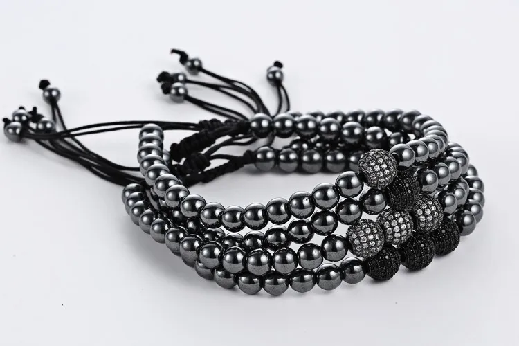 Mcllroy мужские браслеты, круглые бусины и 8 мм Micro Pave черные CZ бусины Micro Pave кубического циркония плетение Макраме Браслеты