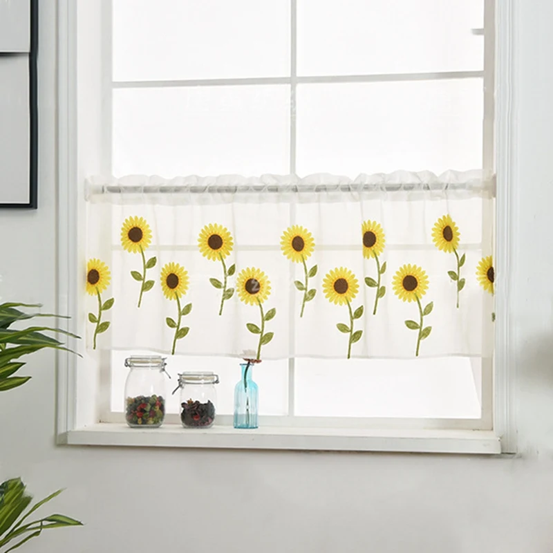 New Arrival 1 Piece Embroidered Sunflower Kitchen Curtain Short Window Curtain Cafe Valance Dining Room Decorative Curtain