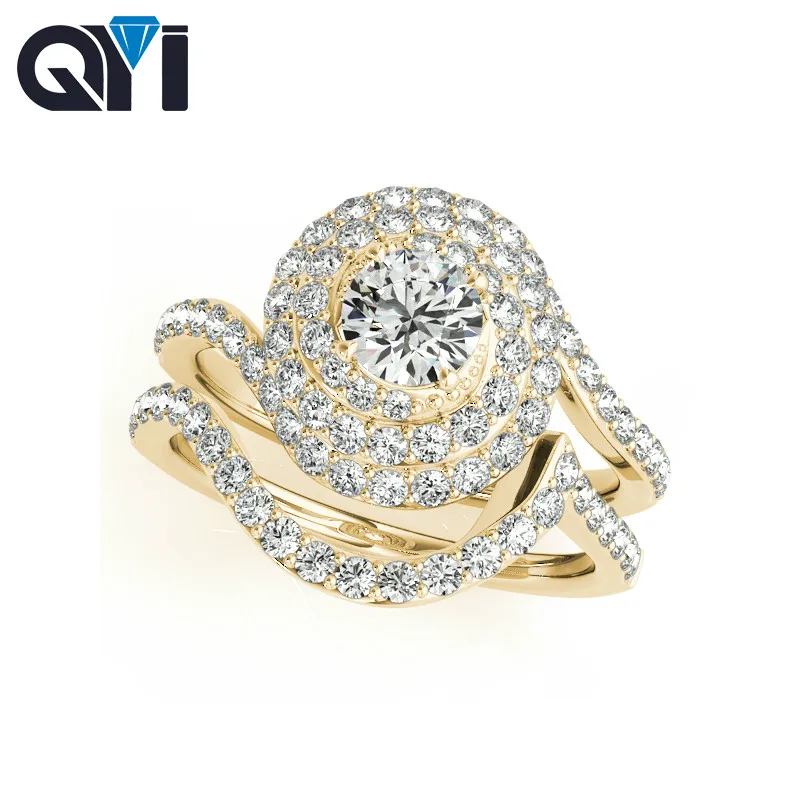 QYI Unique Design 14k Yellow Gold Halo Ring Sets 1 Ct Round Moissanite Diamond Engagement Wedding Rings For Women