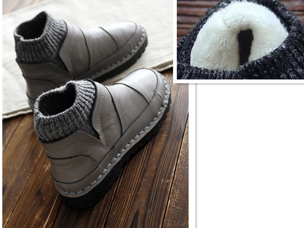 Grey Villus HUIFENGAZURRCS/женские ботинки из натуральной кожи; Ботинки Martin на мягкой подошве; оригинальные Прошитые вручную ботинки с шерстяной подкладкой - Цвет: Grey Villus