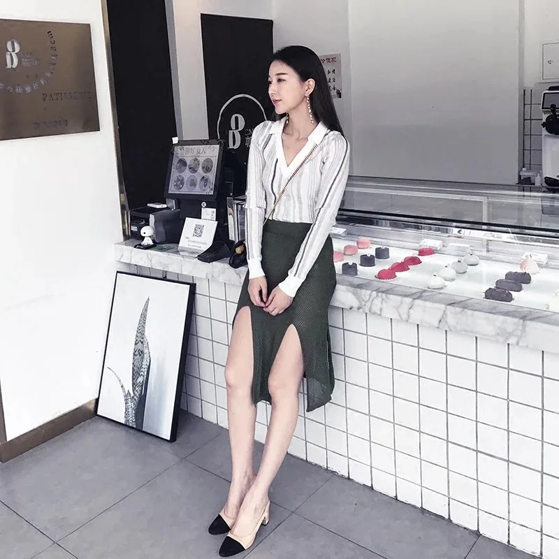 Новые женские Серебристые полоски глубокий v-образным вырезом Длинные рукава