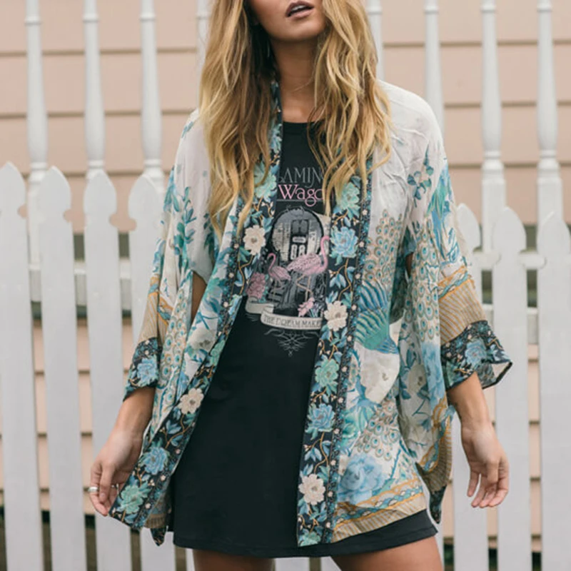 Bella Philosophy summer chiffon bohemian women print blouse sashes casual beach bikini cover kimono batwing sleeve blusas |