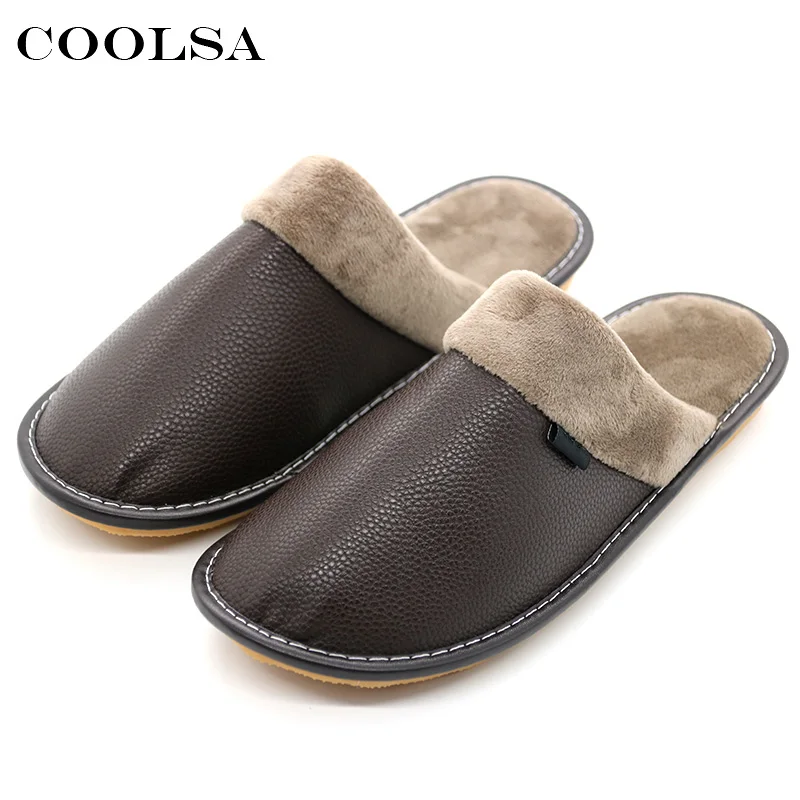 Coolsa зима Для мужчин кожа хлопок Шлёпанцы для женщин из мягкой искусственной кожи