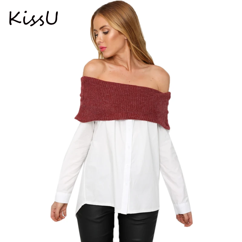KissU 2017 С Плеча Женщины Блузка Белый Свободные Slash Шеи Свитер Сращивание Дамы