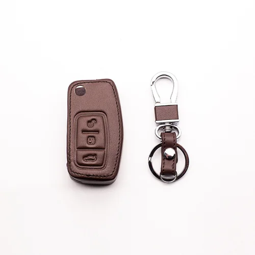 Автомобильный кожаный чехол для ключей для Ford Focus 2 MK2 Focus 3 MK3 MK4 3 кнопки Кожаный Автомобильный Дистанционный ключ чехол Аксессуары для автомобильных ключей - Название цвета: Coffee color