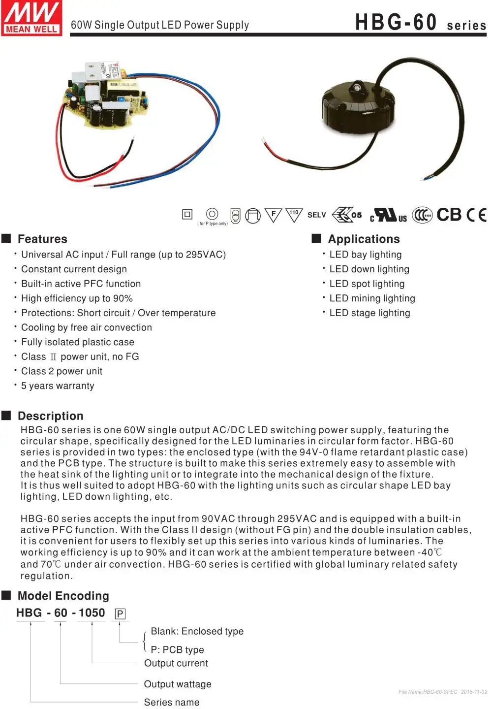 Бренд MEAN WELL представляет HBG-60-1400 43V 1400mA meanwell HBG-60 43V 60,2 W один Выход светодиодный драйвер Питание