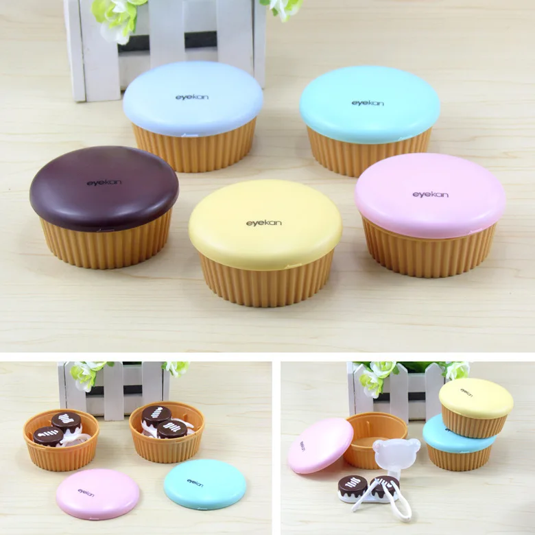 

10pcs New arrival Fashion contracted beautiful Delicious cake Contact lens case round Candy color Partner box Multicolor random