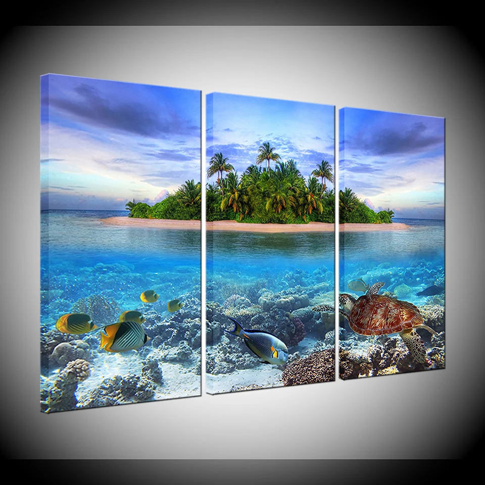 Картина на холсте тропический остров с рыбами 3 шт. Настенная картина модульные