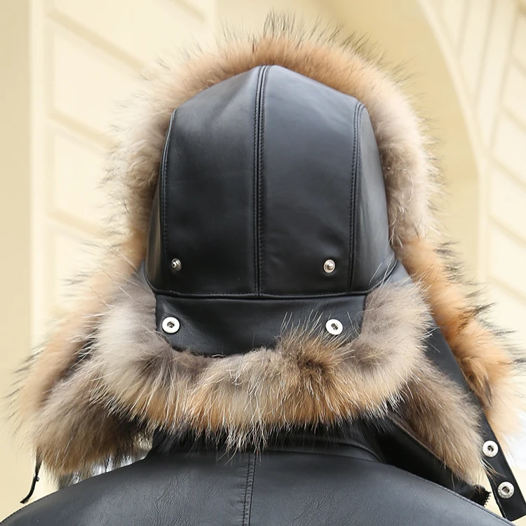 Russian leather bomber leather hat men winter hats with earmuffs trapper earflap cap man real raccoon fur black fox hatska