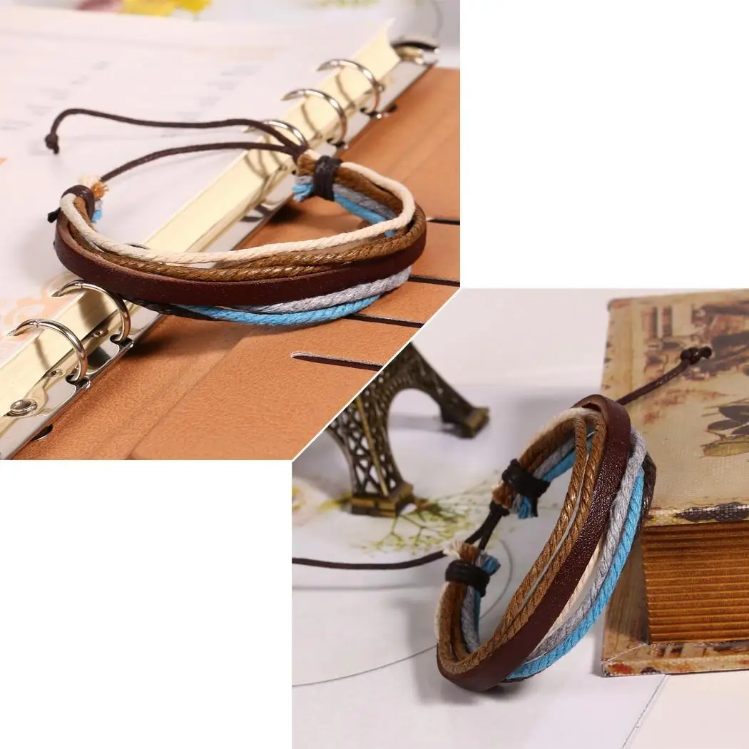 layer Adjustable Multilayer Unisex Casual Composite Cuff Wristband Braided Rope Artificial Bracelet Charm multi Wax Leather | Украшения и