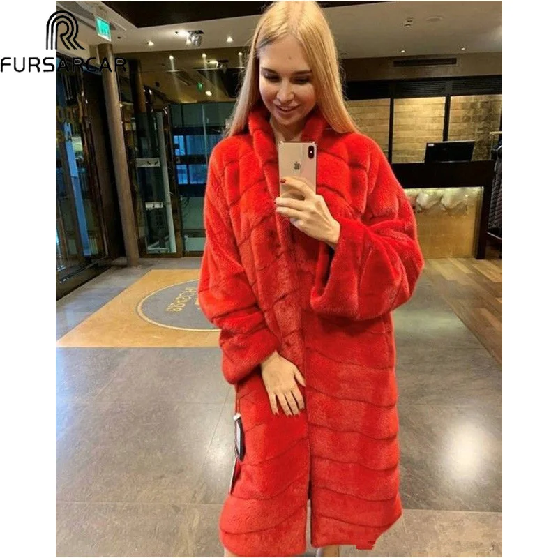 FURSARCAR 120 см длинная диагональная норковая куртка в полоску с отложным воротником