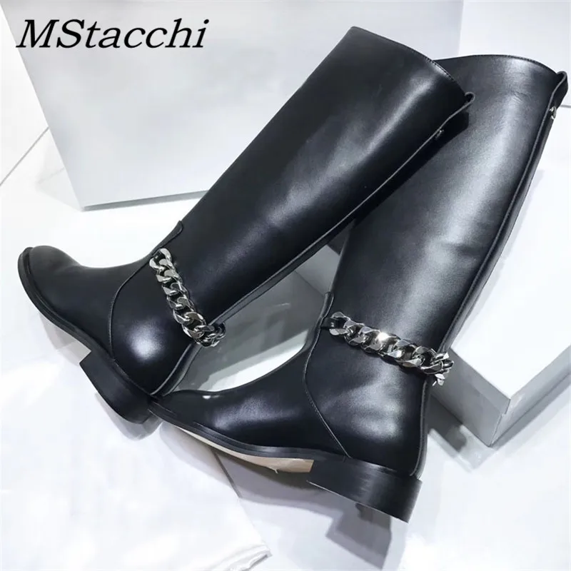Mcacchi/женские классические ботильоны; Сезон Зима; коллекция года; черные сапоги до колена из натуральной кожи; женские сапоги В рыцарском стиле с круглым носком и цепочкой сзади