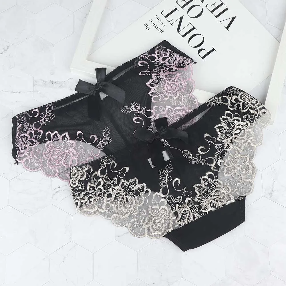 Женские сетчатые трусики с вышивкой сексуальное нижнее белье бантом тонкое