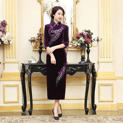 purple Плюс S-4XL Junoesque китайской традиции Для женщин ручной работы катушки и пуговицы Qipao велюр воротник-стойка Онг чонг-sam платье lgdt0034 - Цвет: purple