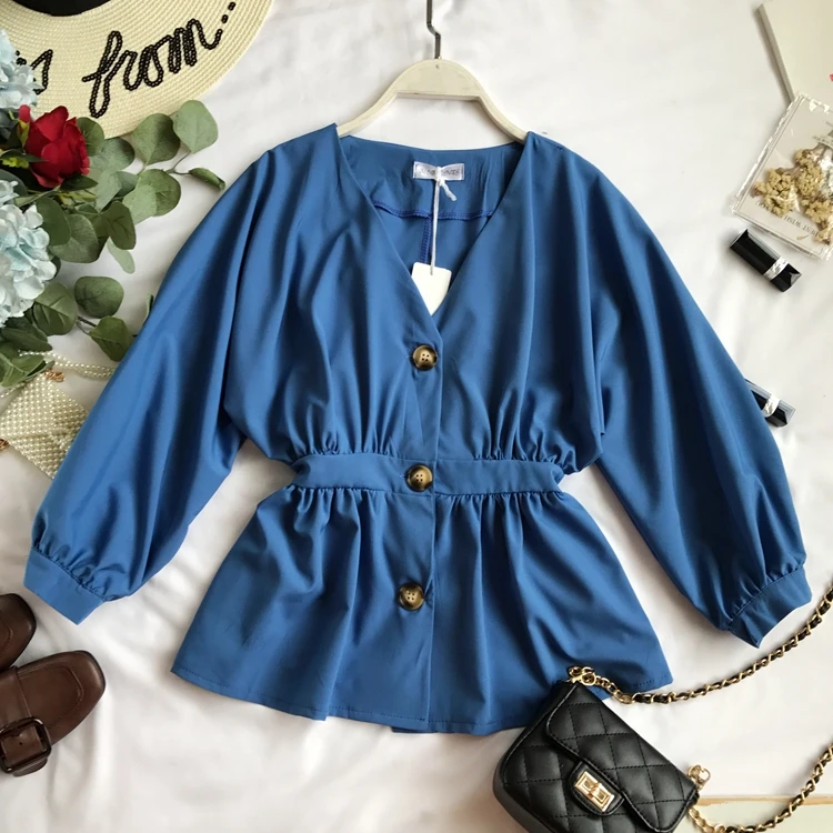 Женская шифоновая рубашка с длинным рукавом v-образным вырезом и высокой талией |