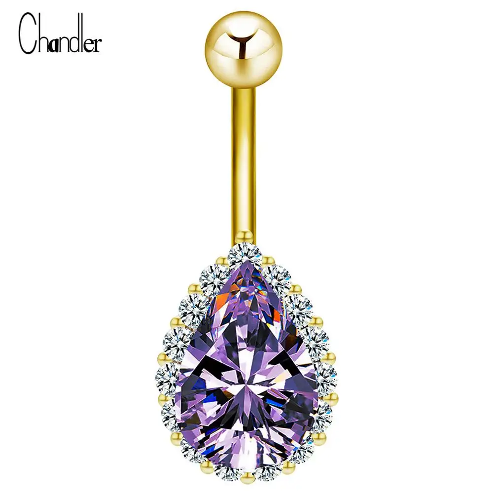 Cahndler капли воды пупка кольцо для пирсинга, из хирургической стали Ringen бар ювелирные изделия для тела один Кристалл Стразы Ombligo Nombril - Окраска металла: Gold Purple CZ